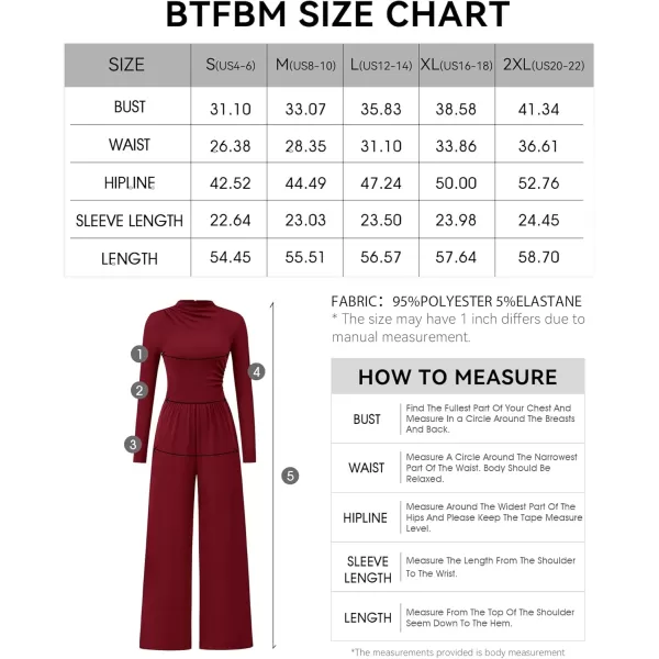 BTFBM Jumpsuits For Women Dressy Mock Neck Long Sleeve Ruched Ribbed Long Pants Rompers Casual Fall One Piece JumpsuitSolid Wine Red