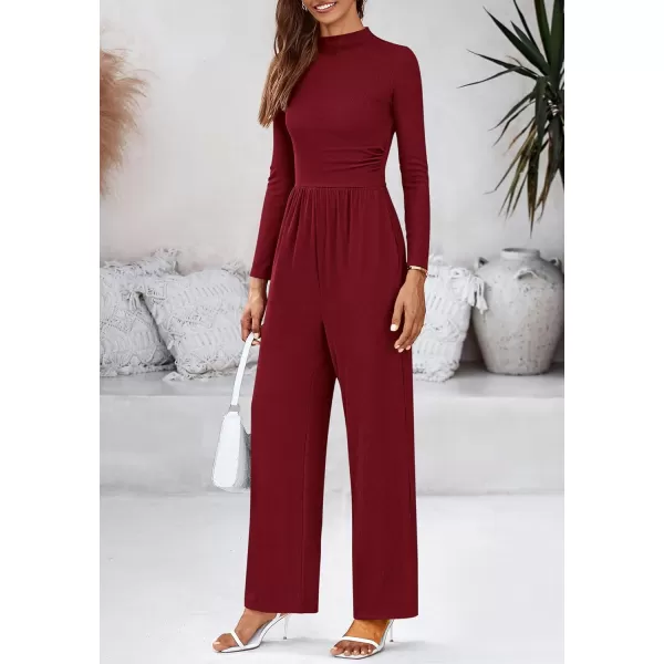 BTFBM Jumpsuits For Women Dressy Mock Neck Long Sleeve Ruched Ribbed Long Pants Rompers Casual Fall One Piece JumpsuitSolid Wine Red