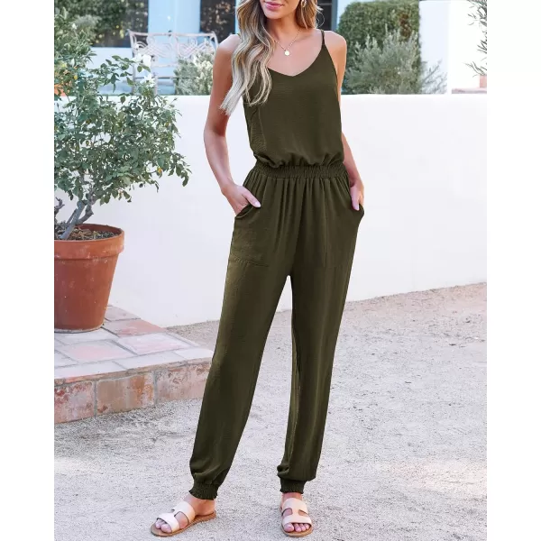 BTFBM Jumpsuits For Women Summer Casual Sleeveless Spaghetti Strap Long Pants Rompers Elastic Waist One Piece JumpsuitSolid Army Green