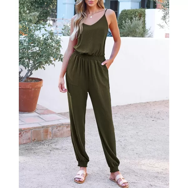 BTFBM Jumpsuits For Women Summer Casual Sleeveless Spaghetti Strap Long Pants Rompers Elastic Waist One Piece JumpsuitSolid Army Green