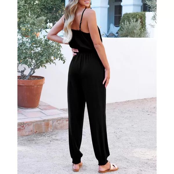 BTFBM Jumpsuits For Women Summer Casual Sleeveless Spaghetti Strap Long Pants Rompers Elastic Waist One Piece JumpsuitSolid Black