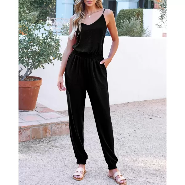 BTFBM Jumpsuits For Women Summer Casual Sleeveless Spaghetti Strap Long Pants Rompers Elastic Waist One Piece JumpsuitSolid Black
