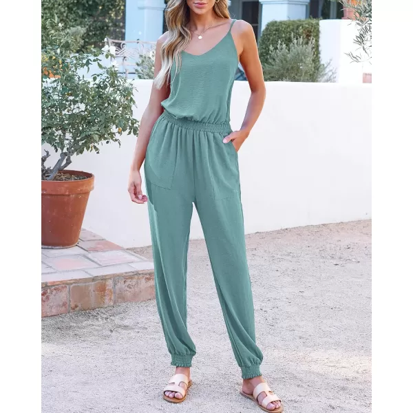 BTFBM Jumpsuits For Women Summer Casual Sleeveless Spaghetti Strap Long Pants Rompers Elastic Waist One Piece JumpsuitSolid Blue Green