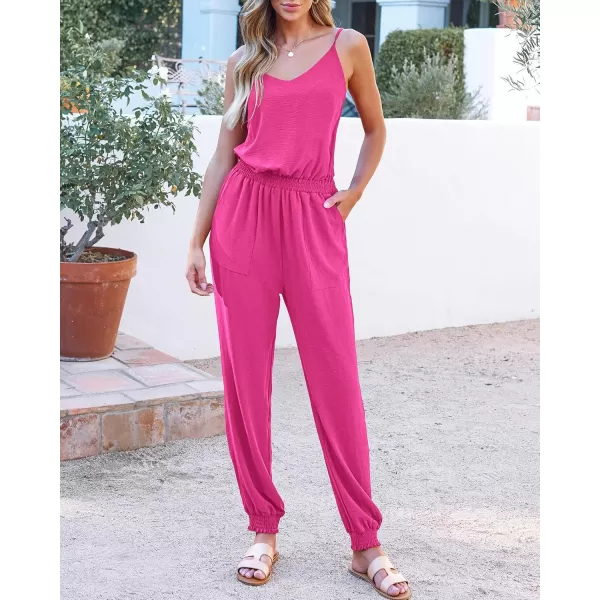 BTFBM Jumpsuits For Women Summer Casual Sleeveless Spaghetti Strap Long Pants Rompers Elastic Waist One Piece JumpsuitSolid Rose Red