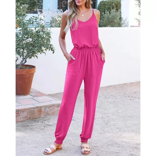 BTFBM Jumpsuits For Women Summer Casual Sleeveless Spaghetti Strap Long Pants Rompers Elastic Waist One Piece JumpsuitSolid Rose Red