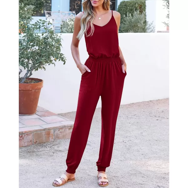 BTFBM Jumpsuits For Women Summer Casual Sleeveless Spaghetti Strap Long Pants Rompers Elastic Waist One Piece JumpsuitSolid Wine Red