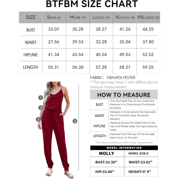 BTFBM Jumpsuits For Women Summer Casual Sleeveless Spaghetti Strap Long Pants Rompers Elastic Waist One Piece JumpsuitSolid Wine Red
