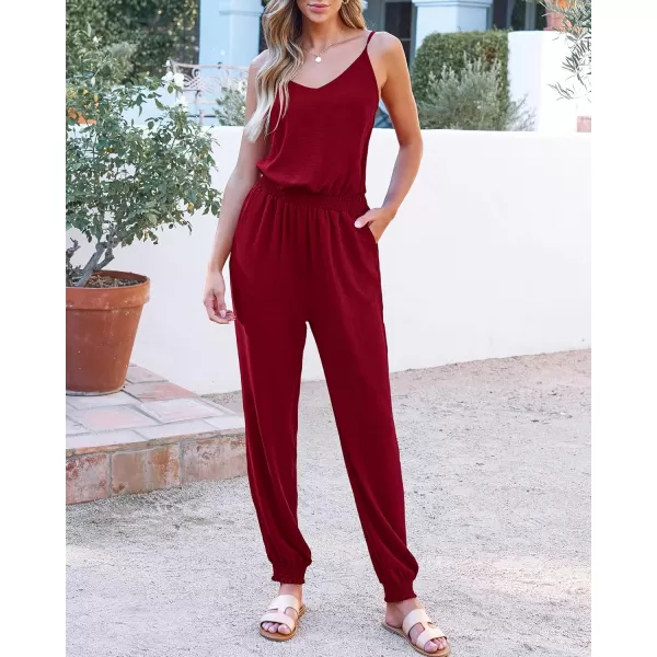 BTFBM Jumpsuits For Women Summer Casual Sleeveless Spaghetti Strap Long Pants Rompers Elastic Waist One Piece JumpsuitSolid Wine Red