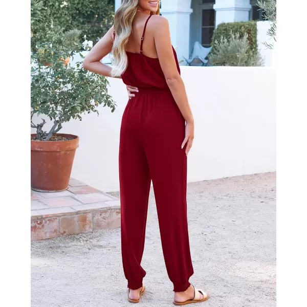 BTFBM Jumpsuits For Women Summer Casual Sleeveless Spaghetti Strap Long Pants Rompers Elastic Waist One Piece JumpsuitSolid Wine Red