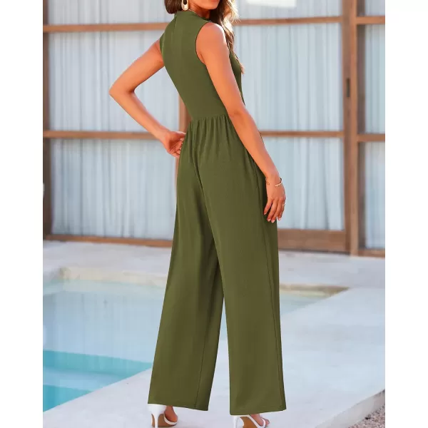 BTFBM One Piece Jumpsuits For Women Dressy Casual Summer Outfits Sleeveless Mock Neck Wide Leg Pants Rompers With PocketSolid Army Green