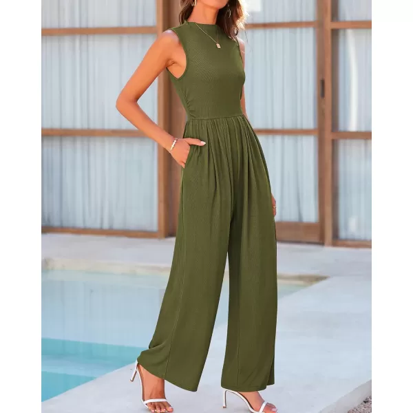 BTFBM One Piece Jumpsuits For Women Dressy Casual Summer Outfits Sleeveless Mock Neck Wide Leg Pants Rompers With PocketSolid Army Green