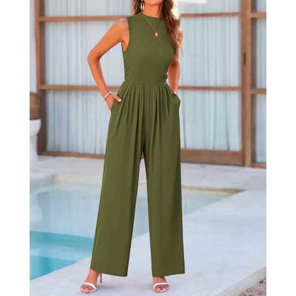 BTFBM One Piece Jumpsuits For Women Dressy Casual Summer Outfits Sleeveless Mock Neck Wide Leg Pants Rompers With PocketSolid Army Green