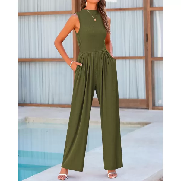 BTFBM One Piece Jumpsuits For Women Dressy Casual Summer Outfits Sleeveless Mock Neck Wide Leg Pants Rompers With PocketSolid Army Green