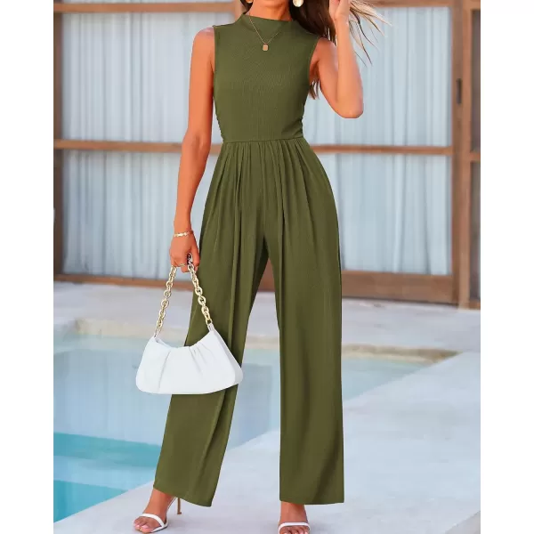 BTFBM One Piece Jumpsuits For Women Dressy Casual Summer Outfits Sleeveless Mock Neck Wide Leg Pants Rompers With PocketSolid Army Green