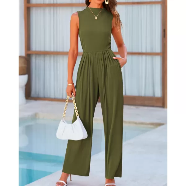 BTFBM One Piece Jumpsuits For Women Dressy Casual Summer Outfits Sleeveless Mock Neck Wide Leg Pants Rompers With PocketSolid Army Green