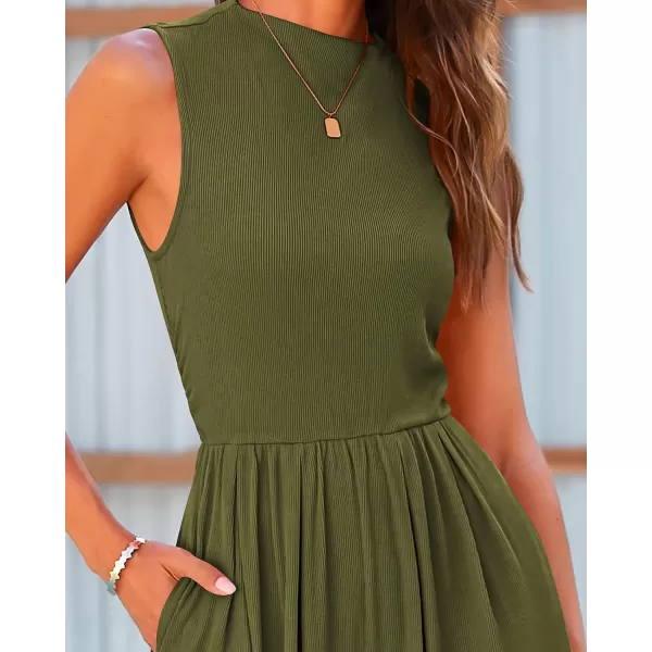 BTFBM One Piece Jumpsuits For Women Dressy Casual Summer Outfits Sleeveless Mock Neck Wide Leg Pants Rompers With PocketSolid Army Green