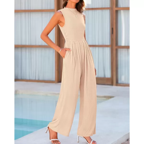 BTFBM One Piece Jumpsuits For Women Dressy Casual Summer Outfits Sleeveless Mock Neck Wide Leg Pants Rompers With PocketSolid Beige