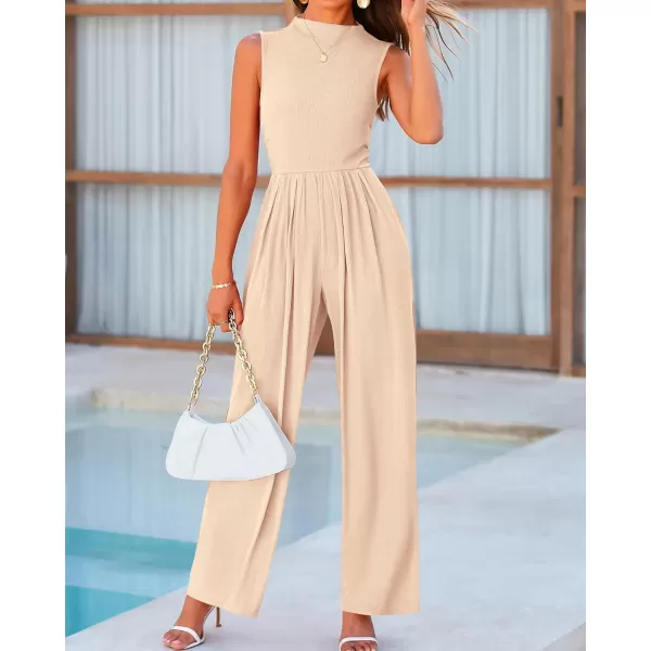 BTFBM One Piece Jumpsuits For Women Dressy Casual Summer Outfits Sleeveless Mock Neck Wide Leg Pants Rompers With PocketSolid Beige