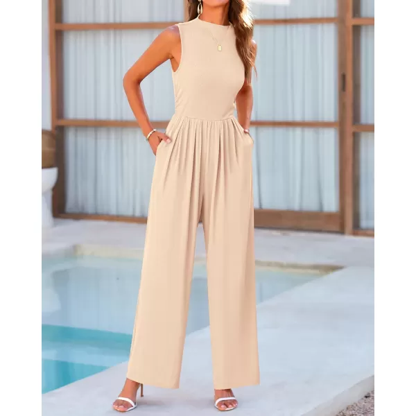 BTFBM One Piece Jumpsuits For Women Dressy Casual Summer Outfits Sleeveless Mock Neck Wide Leg Pants Rompers With PocketSolid Beige