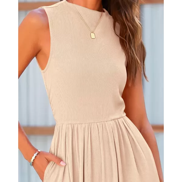 BTFBM One Piece Jumpsuits For Women Dressy Casual Summer Outfits Sleeveless Mock Neck Wide Leg Pants Rompers With PocketSolid Beige