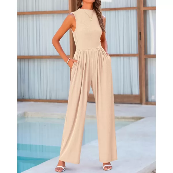 BTFBM One Piece Jumpsuits For Women Dressy Casual Summer Outfits Sleeveless Mock Neck Wide Leg Pants Rompers With PocketSolid Beige