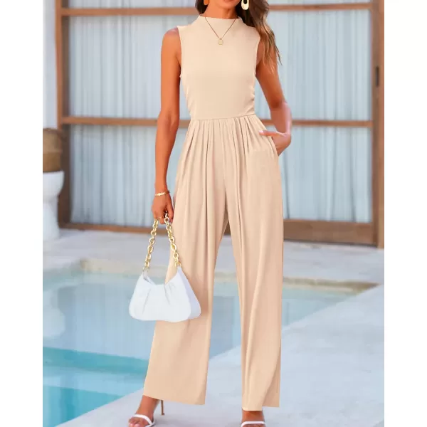BTFBM One Piece Jumpsuits For Women Dressy Casual Summer Outfits Sleeveless Mock Neck Wide Leg Pants Rompers With PocketSolid Beige