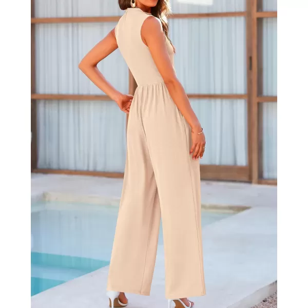 BTFBM One Piece Jumpsuits For Women Dressy Casual Summer Outfits Sleeveless Mock Neck Wide Leg Pants Rompers With PocketSolid Beige