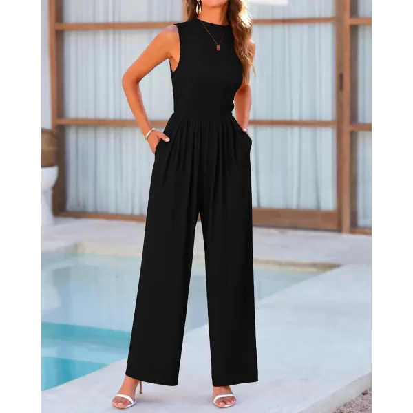 BTFBM One Piece Jumpsuits For Women Dressy Casual Summer Outfits Sleeveless Mock Neck Wide Leg Pants Rompers With PocketSolid Black