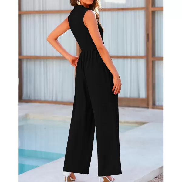 BTFBM One Piece Jumpsuits For Women Dressy Casual Summer Outfits Sleeveless Mock Neck Wide Leg Pants Rompers With PocketSolid Black