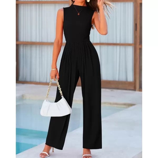 BTFBM One Piece Jumpsuits For Women Dressy Casual Summer Outfits Sleeveless Mock Neck Wide Leg Pants Rompers With PocketSolid Black