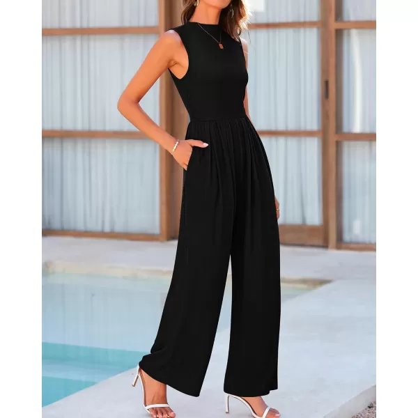 BTFBM One Piece Jumpsuits For Women Dressy Casual Summer Outfits Sleeveless Mock Neck Wide Leg Pants Rompers With PocketSolid Black