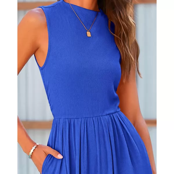 BTFBM One Piece Jumpsuits For Women Dressy Casual Summer Outfits Sleeveless Mock Neck Wide Leg Pants Rompers With PocketSolid Blue