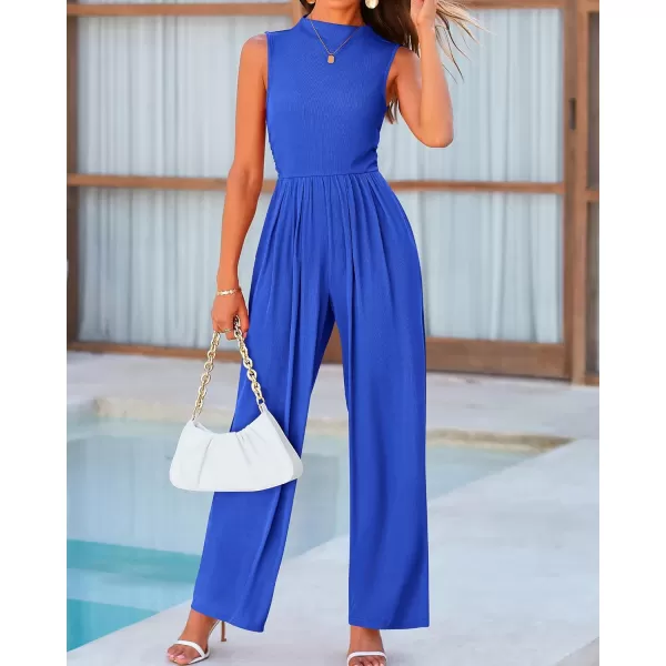 BTFBM One Piece Jumpsuits For Women Dressy Casual Summer Outfits Sleeveless Mock Neck Wide Leg Pants Rompers With PocketSolid Blue