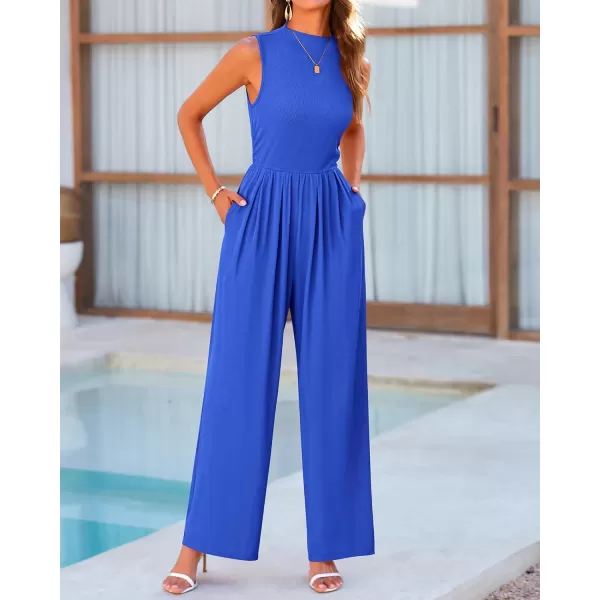 BTFBM One Piece Jumpsuits For Women Dressy Casual Summer Outfits Sleeveless Mock Neck Wide Leg Pants Rompers With PocketSolid Blue
