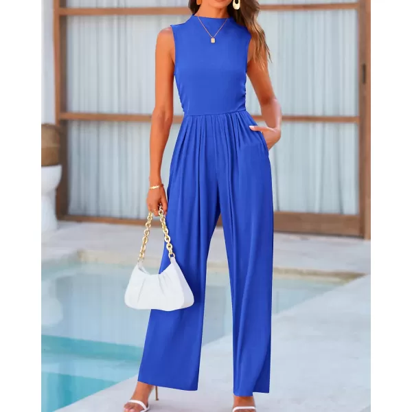 BTFBM One Piece Jumpsuits For Women Dressy Casual Summer Outfits Sleeveless Mock Neck Wide Leg Pants Rompers With PocketSolid Blue