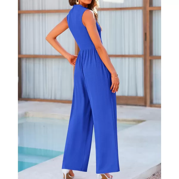 BTFBM One Piece Jumpsuits For Women Dressy Casual Summer Outfits Sleeveless Mock Neck Wide Leg Pants Rompers With PocketSolid Blue
