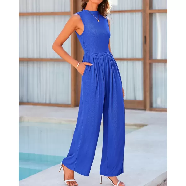 BTFBM One Piece Jumpsuits For Women Dressy Casual Summer Outfits Sleeveless Mock Neck Wide Leg Pants Rompers With PocketSolid Blue