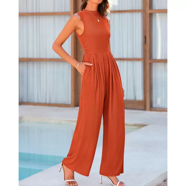 BTFBM One Piece Jumpsuits For Women Dressy Casual Summer Outfits Sleeveless Mock Neck Wide Leg Pants Rompers With PocketSolid Brick Red