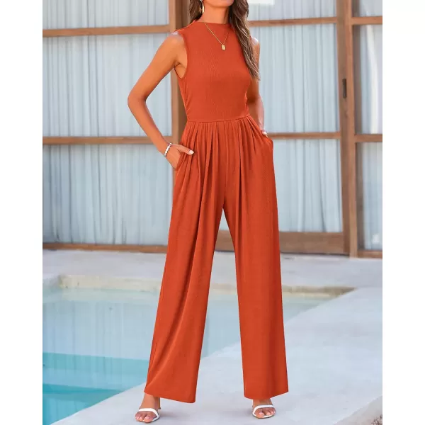 BTFBM One Piece Jumpsuits For Women Dressy Casual Summer Outfits Sleeveless Mock Neck Wide Leg Pants Rompers With PocketSolid Brick Red