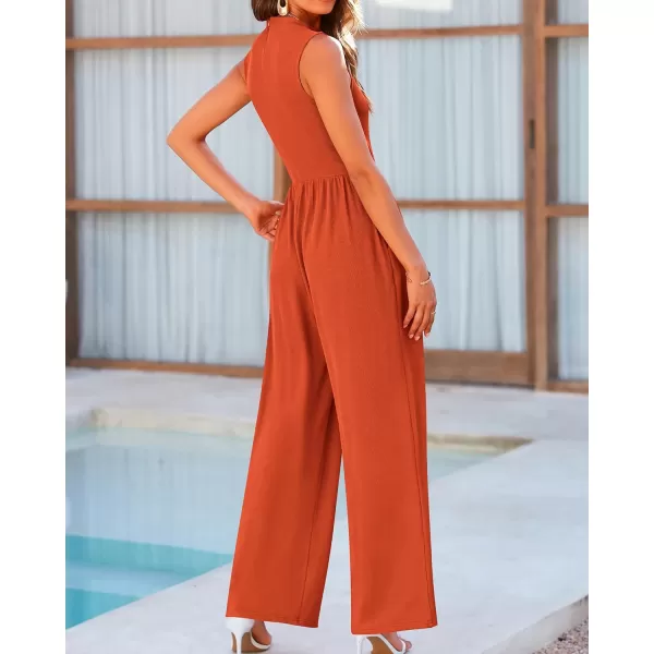 BTFBM One Piece Jumpsuits For Women Dressy Casual Summer Outfits Sleeveless Mock Neck Wide Leg Pants Rompers With PocketSolid Brick Red