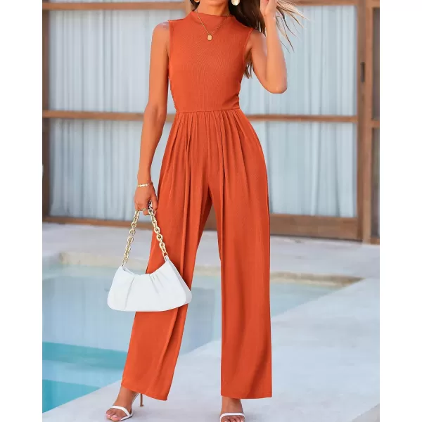 BTFBM One Piece Jumpsuits For Women Dressy Casual Summer Outfits Sleeveless Mock Neck Wide Leg Pants Rompers With PocketSolid Brick Red