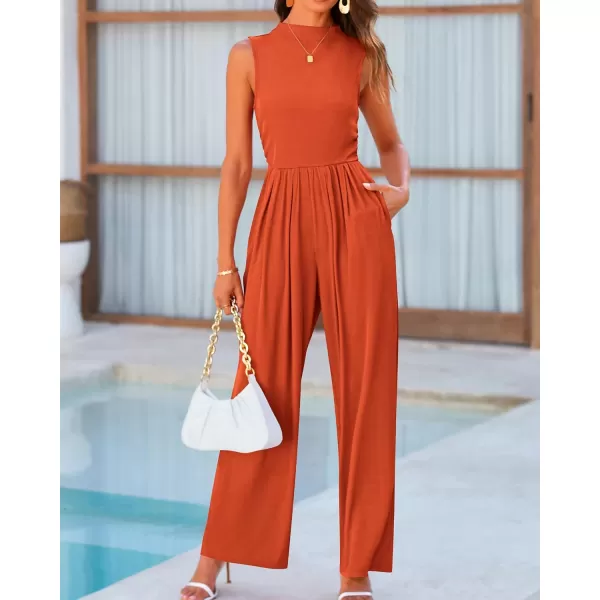 BTFBM One Piece Jumpsuits For Women Dressy Casual Summer Outfits Sleeveless Mock Neck Wide Leg Pants Rompers With PocketSolid Brick Red