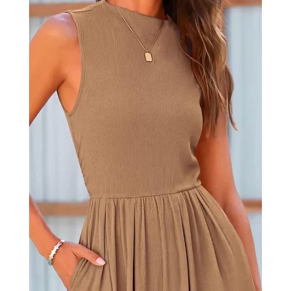 BTFBM One Piece Jumpsuits For Women Dressy Casual Summer Outfits Sleeveless Mock Neck Wide Leg Pants Rompers With PocketSolid Camel