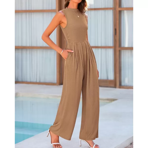 BTFBM One Piece Jumpsuits For Women Dressy Casual Summer Outfits Sleeveless Mock Neck Wide Leg Pants Rompers With PocketSolid Camel