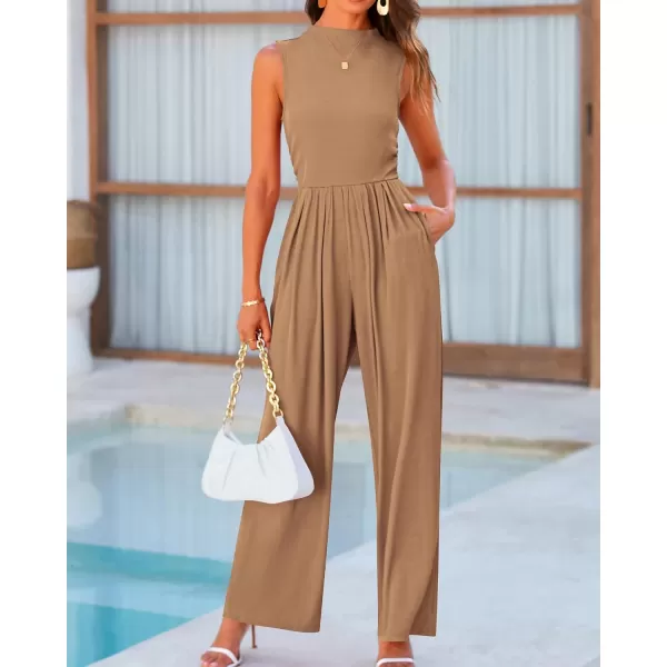 BTFBM One Piece Jumpsuits For Women Dressy Casual Summer Outfits Sleeveless Mock Neck Wide Leg Pants Rompers With PocketSolid Camel