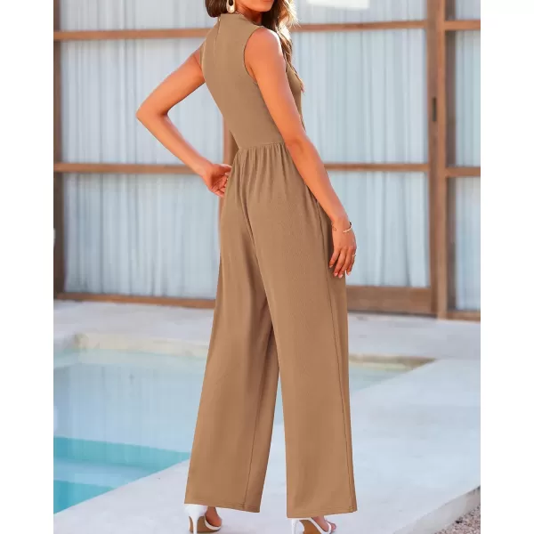 BTFBM One Piece Jumpsuits For Women Dressy Casual Summer Outfits Sleeveless Mock Neck Wide Leg Pants Rompers With PocketSolid Camel