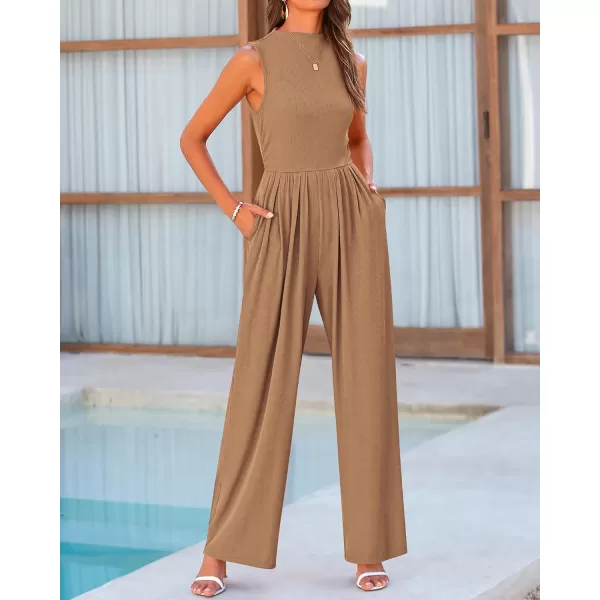 BTFBM One Piece Jumpsuits For Women Dressy Casual Summer Outfits Sleeveless Mock Neck Wide Leg Pants Rompers With PocketSolid Camel