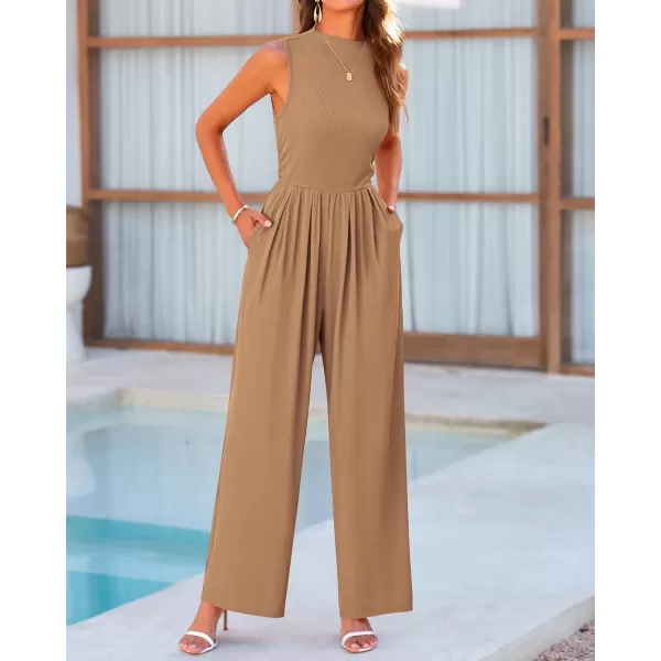BTFBM One Piece Jumpsuits For Women Dressy Casual Summer Outfits Sleeveless Mock Neck Wide Leg Pants Rompers With PocketSolid Camel