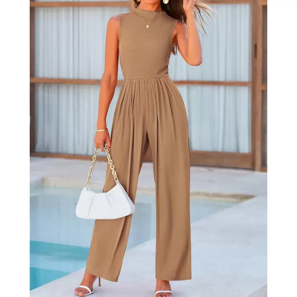 BTFBM One Piece Jumpsuits For Women Dressy Casual Summer Outfits Sleeveless Mock Neck Wide Leg Pants Rompers With PocketSolid Camel