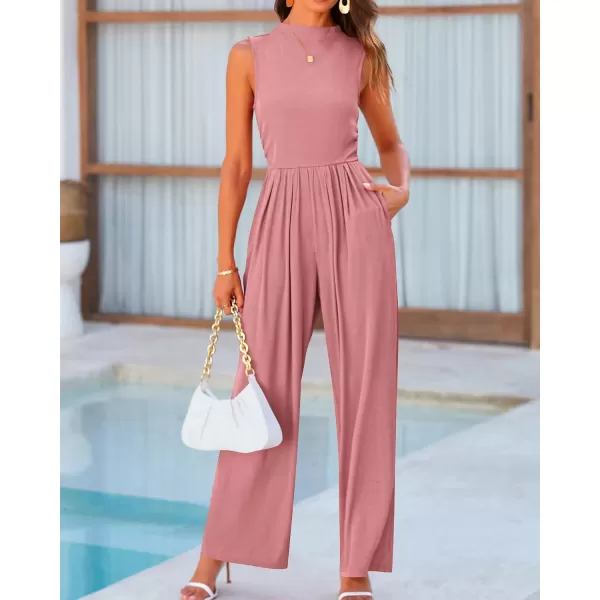BTFBM One Piece Jumpsuits For Women Dressy Casual Summer Outfits Sleeveless Mock Neck Wide Leg Pants Rompers With PocketSolid Dusty Pink